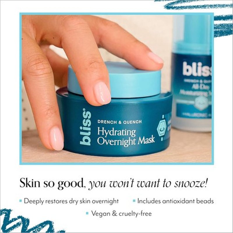 Bliss Drench & Quench Hydrating Overnight Collagen Mask - Boost Elasticity & Hydration for Glowing Skin