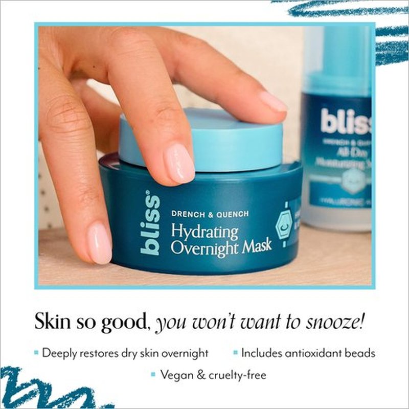 Bliss Drench & Quench Hydrating Overnight Collagen Mask with Hyaluronic Acid - Elasticity & Hydration Face Treatment for Glowing Skin