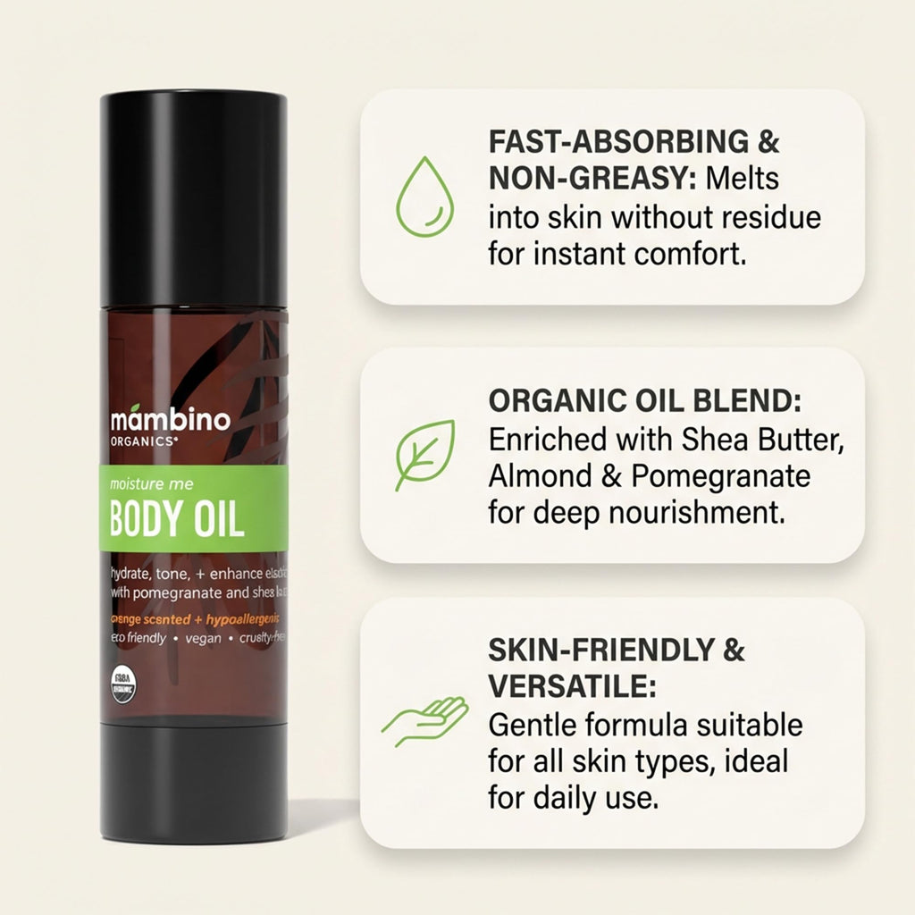 Mambino Organics Moisture Me Body Oil, Skincare Essential, Shea Butter Infused, Fast-Absorbing, Non-Greasy, Soothing Aroma, 2 fl oz