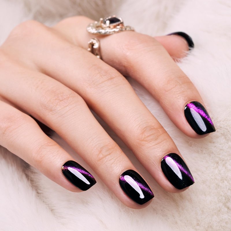 Wooyas Cat Eye Press on Nails, 9D Glitter Black Square Handmade Short Fake Nails with Purple Glitter Design, Glossy Salon Perfect Magnetic Gel Nails in 12 Sizes - 24 Pcs Nails Kit for Woman