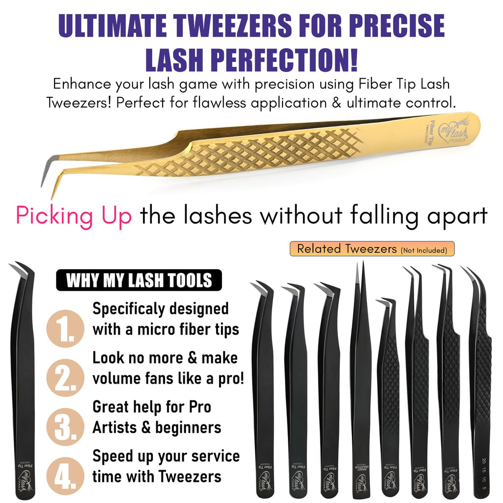 My Lash Tools Fiber Tip Lash Tweezers for Eyelash Extension Curved 90 Degree Angle Boot Tweezer Best for Volume, Individual Isolation & Classic Lashes Stainless Steel Lash Supply (Gold)