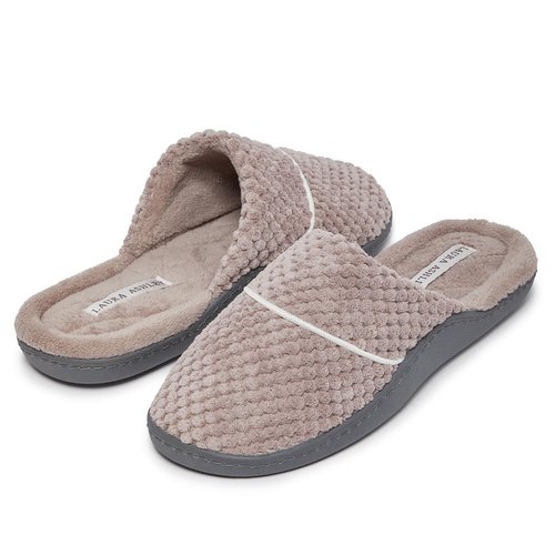 Laura Ashley Women's Spa Slip-On Rugged Scuff Slipper, Non-Slip House Slippers with Cushioned Insole for Ladies, Stone, Large