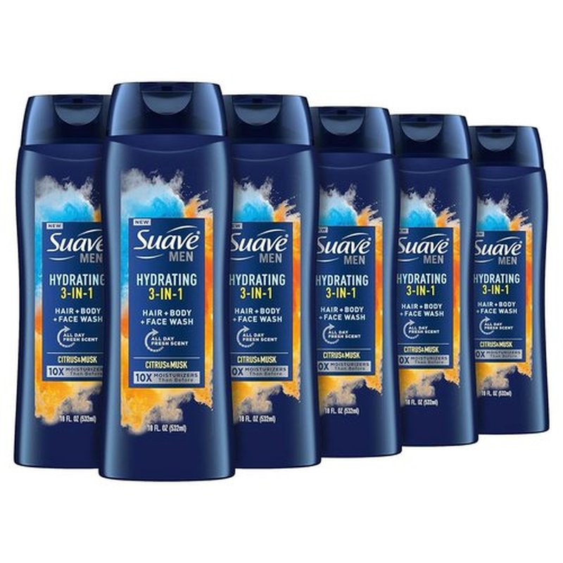 Suave Men 3-in-1 Moisturizing Body, Face & Hair Wash - Hydrating Citrus & Musk Scent | 18 Oz, Pack of 6