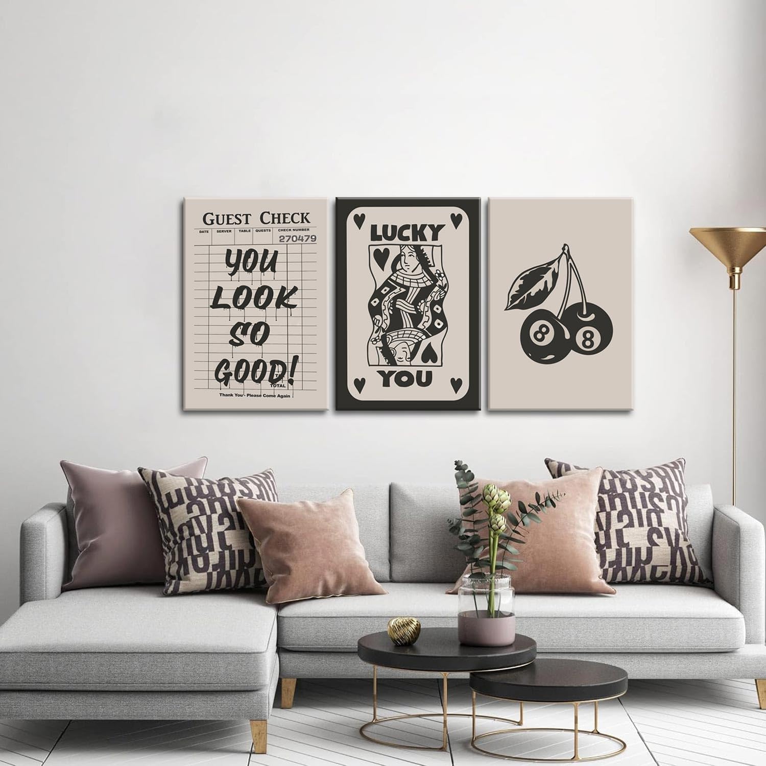 Fashion Poker Framed Canvas Wall Art Set of 3 - Vintage Queen & Lucky You Poster Prints | Aesthetic Black Art for Bedroom & Living Room - 12x16''