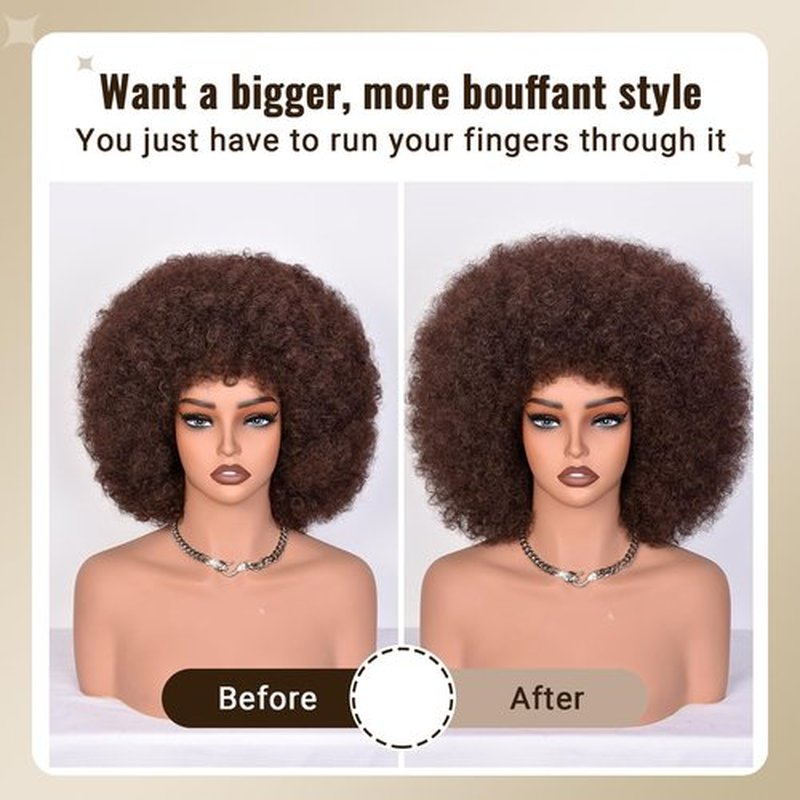 CURLCRAZY Afro Wigs for Black Women 70s Afro Kinky Curly Wig with Bangs Bouncy Huge Fluffy Puff Wigs Synthetic Hair for Cosplay Daily and Party 14Inch