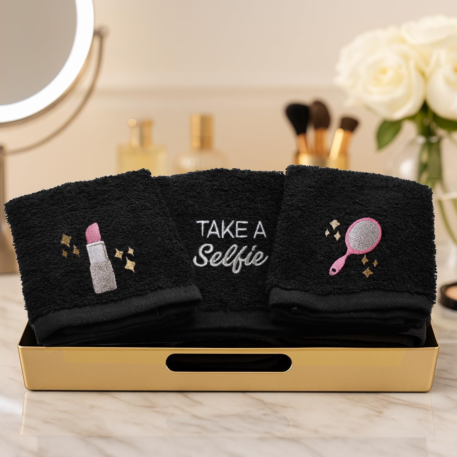 DAN River Black Makeup Towels - Pack of 6 (13x13 in) - Ultra Soft Cotton Face Towels with Embroidery - Reusable, Quick-Dry & Machine Washable Makeup Remover Cloths for Bathroom, Spa & Salon