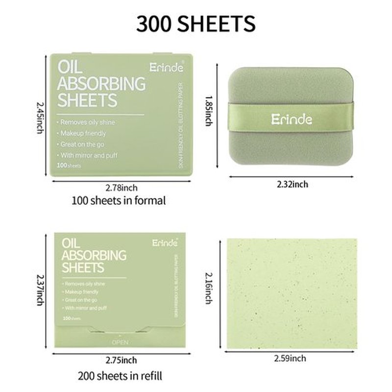 Erinde Oil Blotting Sheets for Face with Mirror and Puff, 300 Sheets Oil Blotting Paper for Oily Skin, Face Oil Absorbing Sheet, Natural Oil Control Film, Absorb Excess Oil, Makeup Friendly