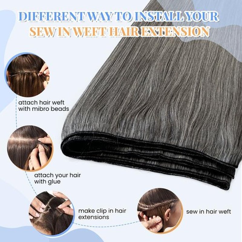 Real Human Hair Salt and Pepper Sew in Hair Extensions 14 Inch 100% Virgin Hair Bundles for Thinning Hair 80G Natural Grey White Hairpiece for Women Daily Hand Tied Double Weft Human Hairs Bundles