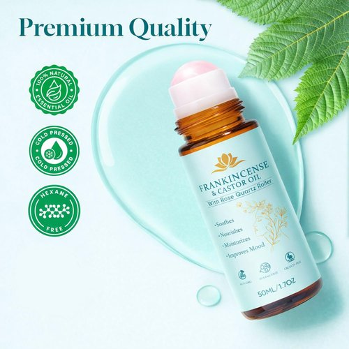 Frankincense and Castor Oil Rose Quartz Roller – Organic Cold-Pressed Castor Oil Frankincense Roller Ball with Rose Quartz for Face & Neck, Firms Skin Feel Soft Smooth & Brightens Eyes, 1.7 fl oz
