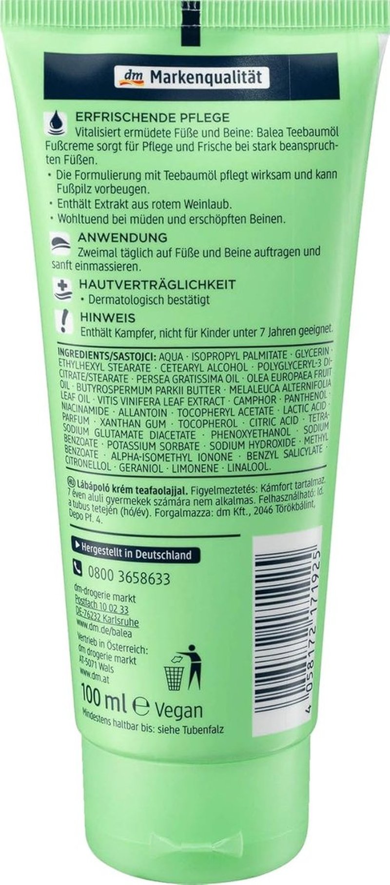 Balea Foot Cream - Tea Tree & Vine Leaf Extract for Nourished Skin | Pack of 2, Made in Germany
