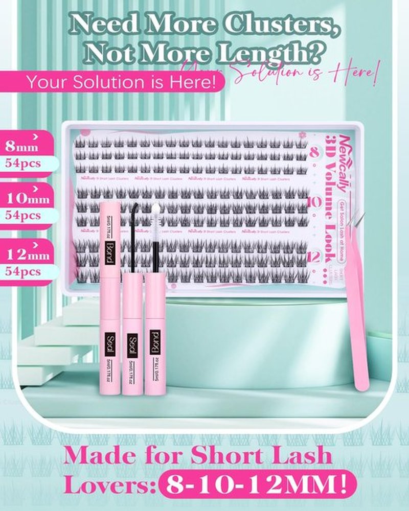 Natural Lash Clusters Kit Short 8-12MM Eyelash Clusters Wispy Cluster Eyelash Extensions Lash Extension Kit C-Curly Cluster Lashes Long-lasting Effect by Newcally