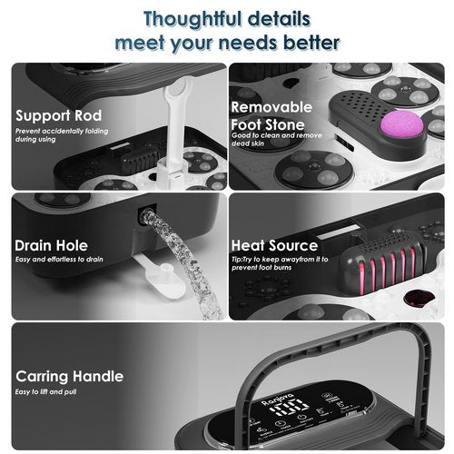 Ranjova Collapsible Foot Spa Electric Rotary Massage, Foot Bath with Heat, Bubble,Temp Control, and 24 Motorized Shiatsu Massage Balls, Pedicure Foot Spa Tub for Stress Relief (Black)
