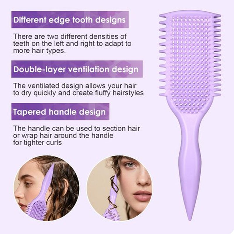 Curl Defining & Detangling Brush – Dual-Vented Curly Hair Brush for Wet & Dry Hair with Flexible Bristles – Reduces Frizz & Smooths Knots – For All Hair Types & Users (Purple)