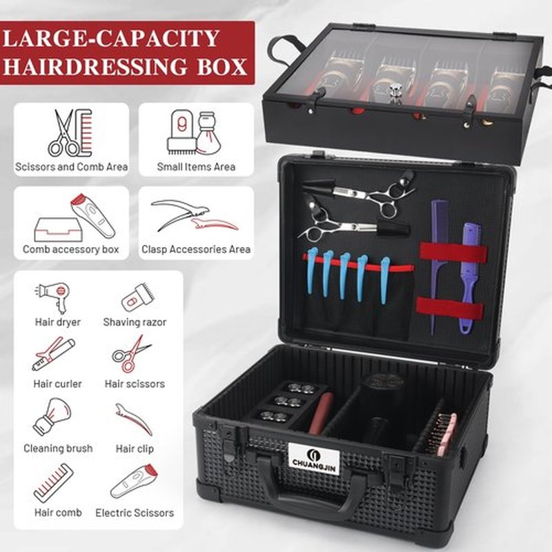 CHUANGJIN Large Barber Carrying Case, Hairdresser Tool Box Organizer Traveling Case, Portable Travel Barber Suitcase for Hair Stylist Pet Groomer Beauty Salon Makeup Artist