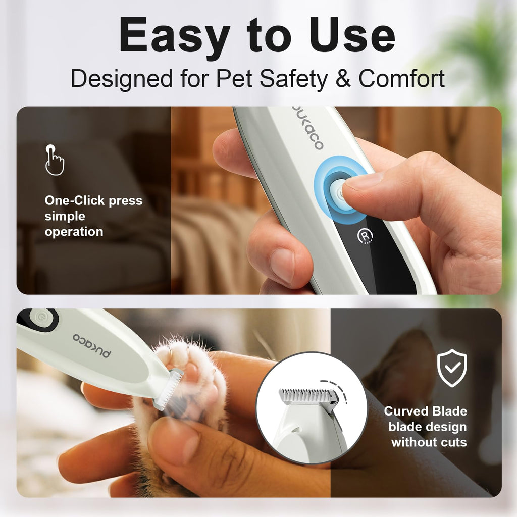 PUKACO 2026 Upgraded Dog Paw Trimmer with LED Light, Low Noise Small Pet Hair Trimmer 18mm Wide Curved Blade, 35dB Cordless Waterproof Pet Paw Grooming Clippers for Dogs, Cats, Paws, Ears, Face, Rump