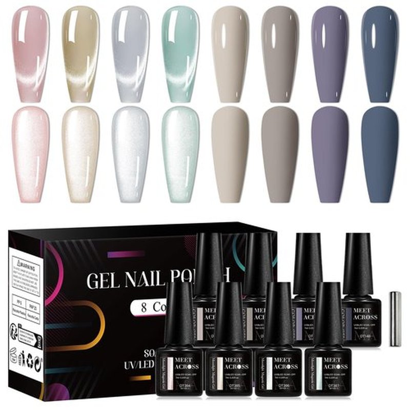 MEET ACROSS 8pcs Gel Nail Polish Set, Soak off UV LED Lamp Gel Nail Polish Cat Eye Set Home Gel Manicure Kit 7ml (Cat Eye + color Gel-3)