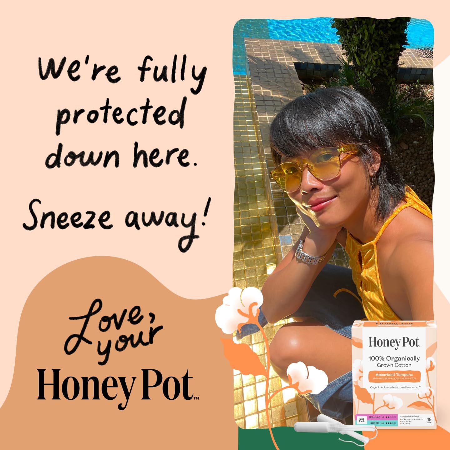 The Honey Pot Company - Multipack -100% Organic Cotton Core Tampons w/Bio Plastic Applicator - Regular & Super Absorbency - Unscented - Feminine Care - 54 Count (3 Packs of 18)