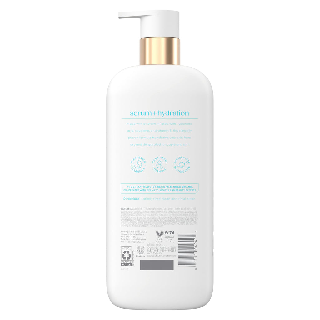 Dove Body Wash Hydration Boost Actively drenches dry skin 6% hydration serum with hyaluronic 18.5 oz