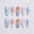 Handmade Medium Almond Press on Nails with Glue, Glitter Blue Ocean Fake Nails with 3D Floral Design French Nails Press ons Nude Pink False Nails Muti-Layer Gel Acrylic Nail for Women (Size S)