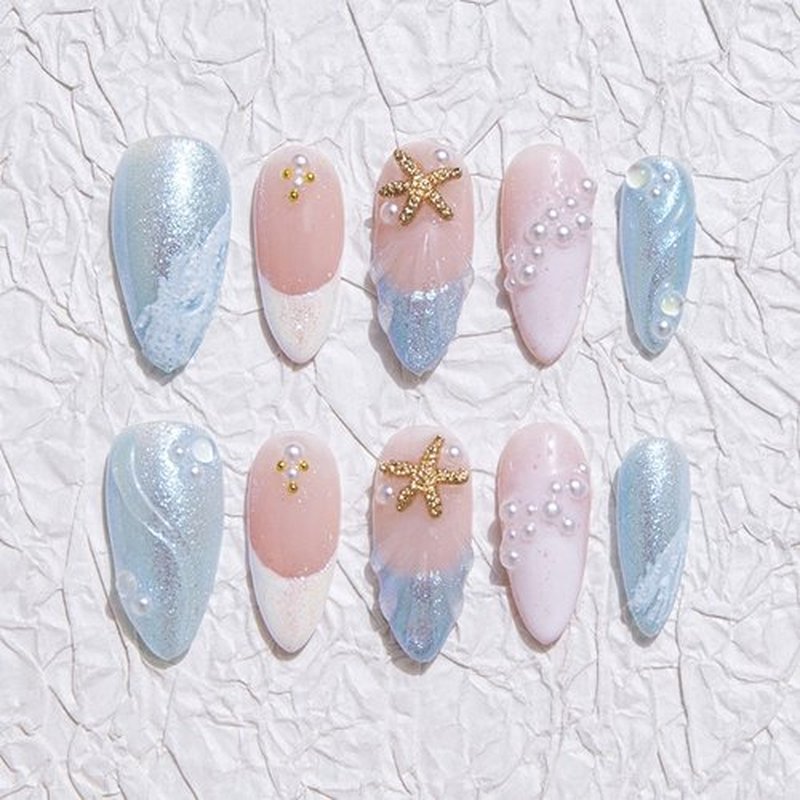 Handmade Medium Almond Press on Nails with Glue, Glitter Blue Ocean Fake Nails with 3D Floral Design French Nails Press ons Nude Pink False Nails Muti-Layer Gel Acrylic Nail for Women (Size S)