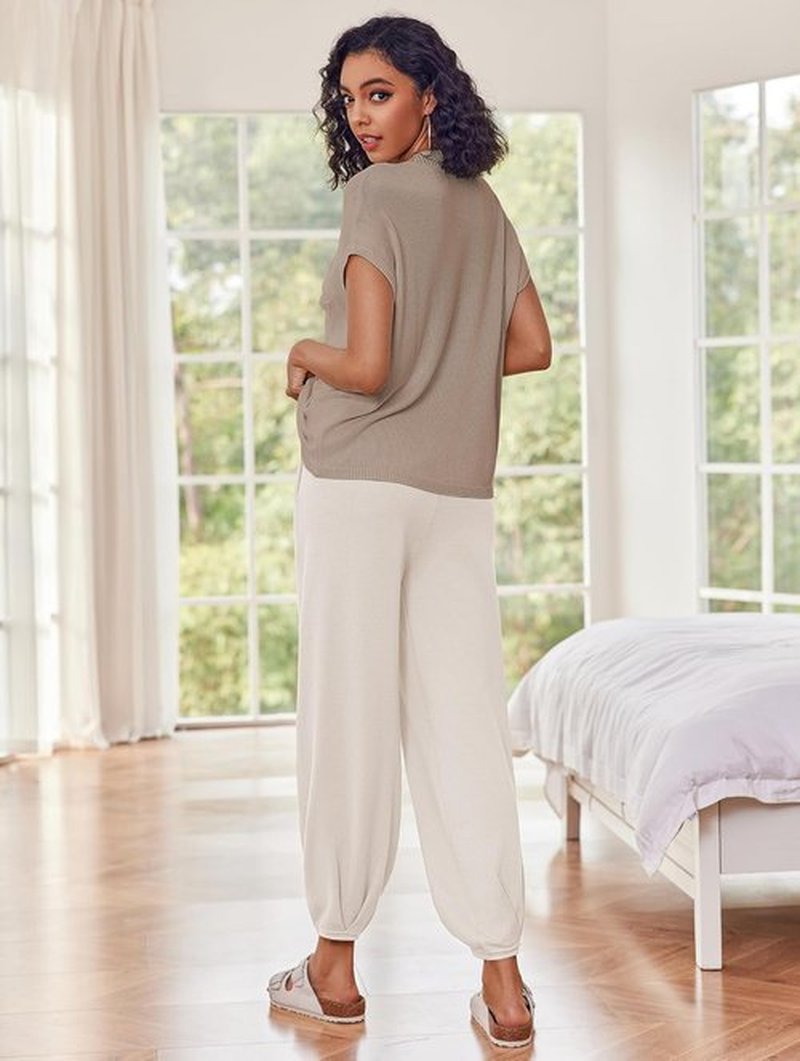 Ekouaer Two-Piece Lounge Set - Knit Sweater Top & Jogger Pants Matching Tracksuit for Women