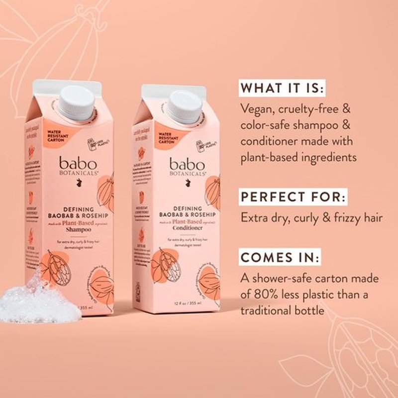 Babo Botanicals Defining Baobab & Rosehip Shampoo - Moisturizing Conditioner Bundle for Curly Hair - Passion Fruit Ferment
