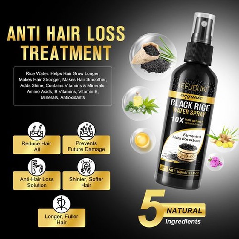 Organic Black Rice Water Spray for Hair Growth, A Solution with Castor Oil & Ginger Root Extract for Thicker, Fuller Hair, Targets Hair Loss and Repairs Damage 100ml/3.2 fl.oz (1 PC)