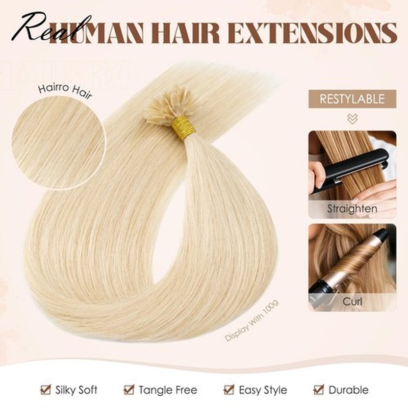 Hairro U Tip Hair Extensions Human Hair Pre Bonded Hot Fusion Keratin Nail Tipped Utips Ktip For Women 16 inch 25g 25 Strands #60R Platinum Blonde
