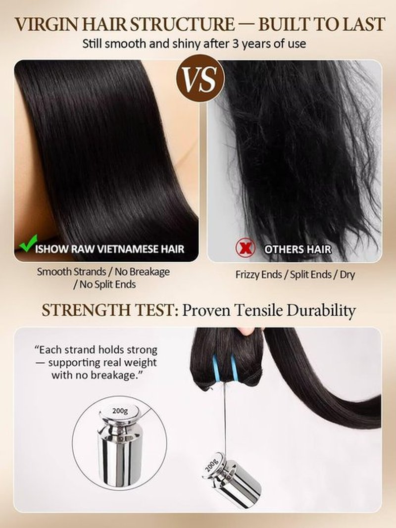 ISHOW Raw Vietnamese Human Hair Bundles, 100% Unprocessed Virgin Single Chemical-Free Straight Bundle, Silky Shinny After Multiple Washes, Longer Lifespan, Back to Nature, Natural Black 14 Inch 100g