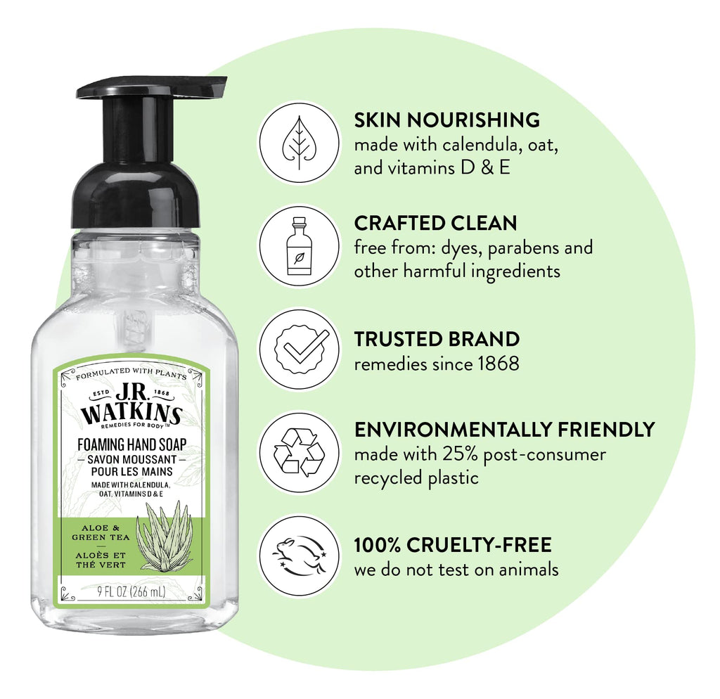 J.R. Watkins Foaming Hand Soap with Pump Dispenser, Moisturizing Foam Hand Wash, Alcohol-Free, Cruelty-Free, Aloe et The Vert/Aloe & Green Tea, 9 fl oz, 3 Pack