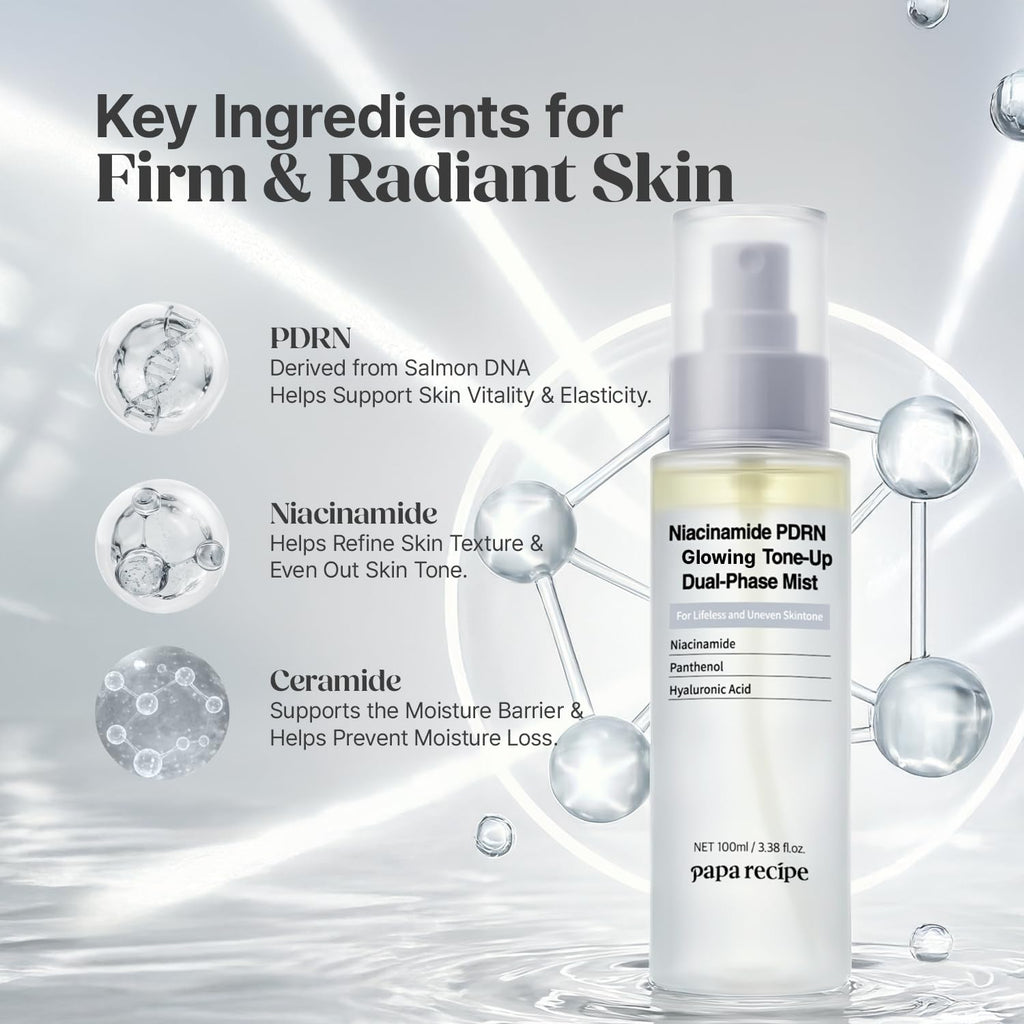 Papa Recipe Niacinamide PDRN Glowing Tone-Up Dual-Phase Mist(3.38fl oz/100ml) - Evening Out Skin Tone & Radiance, Instant Glow, Deep Hydrating Serum Spray, Lightweight & Non-Sticky