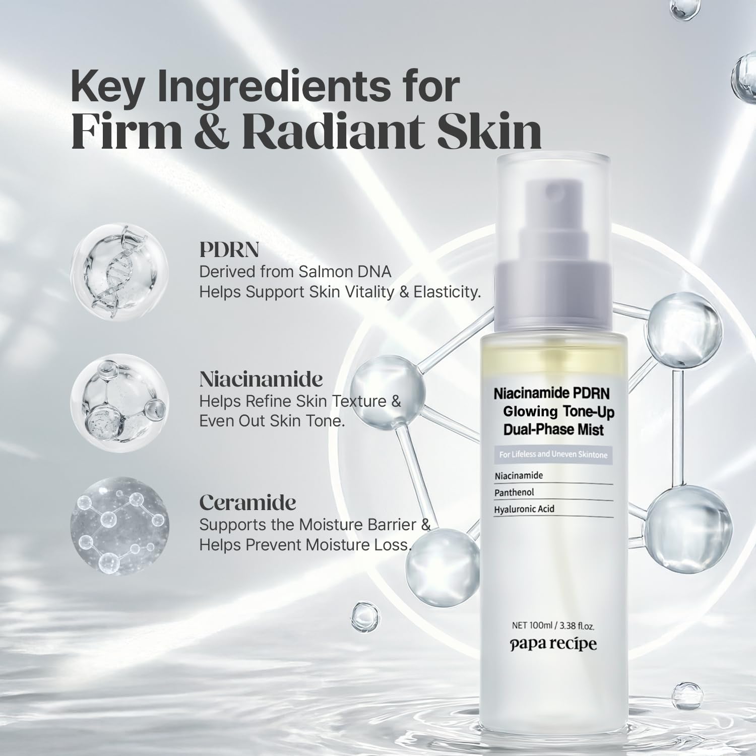 Papa Recipe Niacinamide PDRN Glowing Tone-Up Dual-Phase Mist(3.38fl oz/100ml) - Evening Out Skin Tone & Radiance, Instant Glow, Deep Hydrating Serum Spray, Lightweight & Non-Sticky