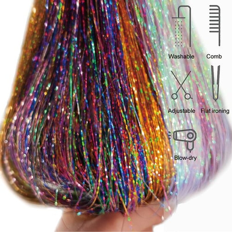 Black Hair Tinsel Kit with Tool 6pcs 1200 Strands Glitter Tinsel Hair Extensions Heat Resistant Sparkling Shiny Fairy Hair Accessories for Women Girls Kids 47Inch