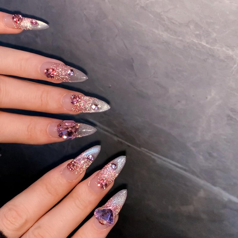 WOMHOPE Press on Nails Handmade Full Cover False Nails with Rhinestone Vintage Flower Aurora Acrylic Nails for Women and Girls 10pcs/Box Long Almond,Coffin (Pink cat's eye, Medium)