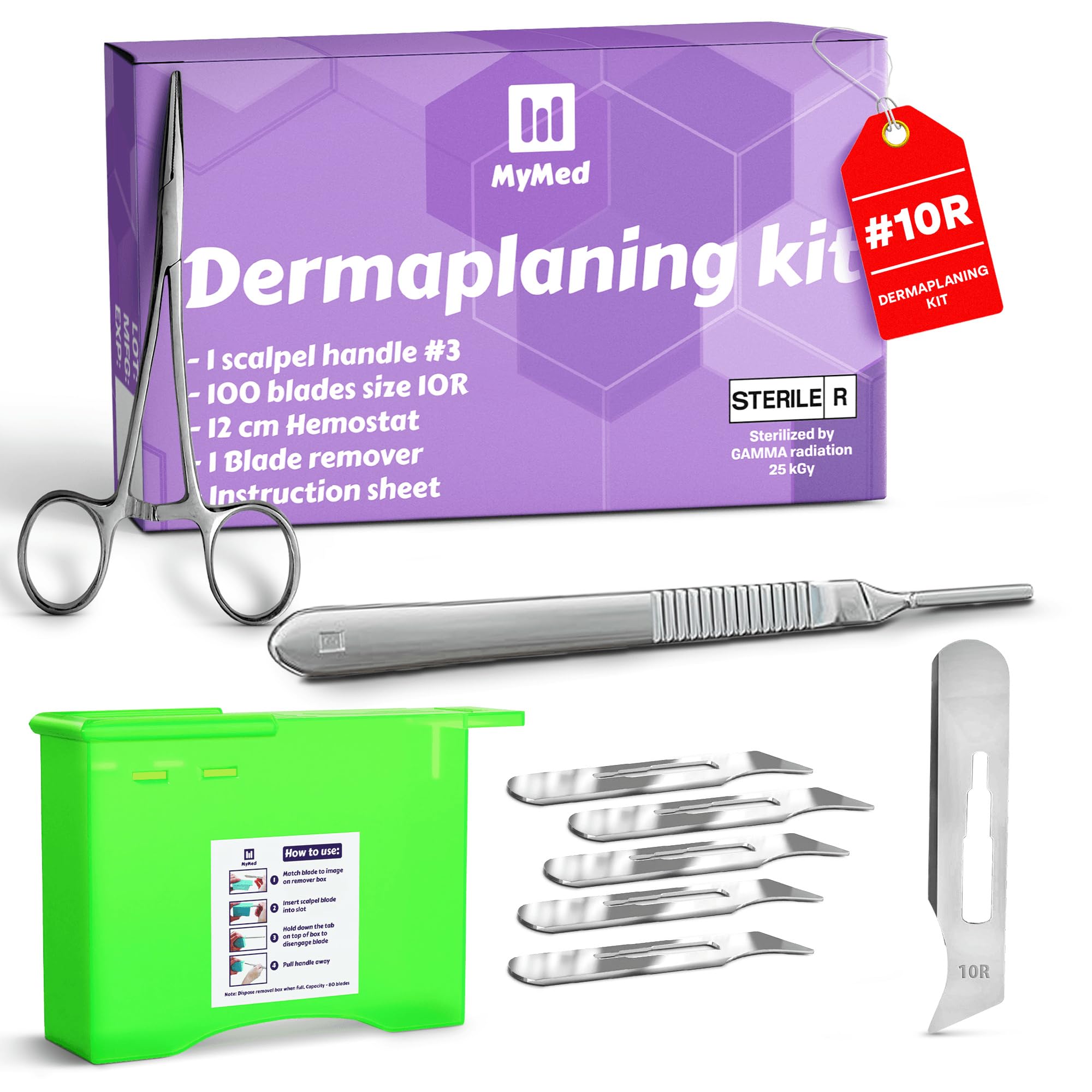 10R Blades Dermaplaning Kit Containing 10r Blades Scalpels Pack of 100 with Scalpel Handle #3 + 10R Scalpel Blade Remover Box + Hemostat by Mymed