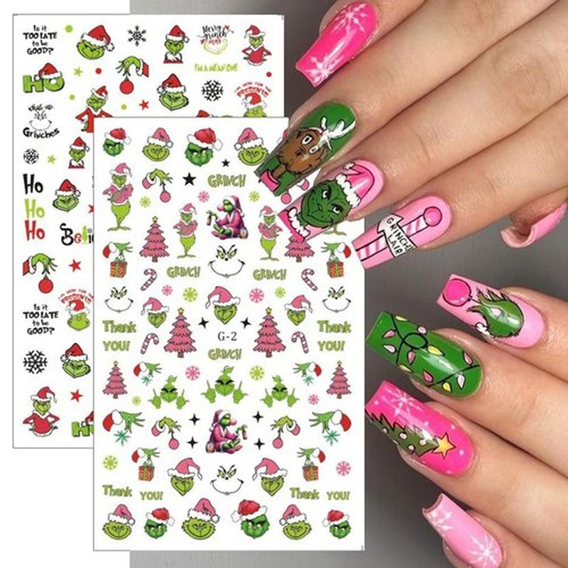 Christmas Nail Stickers for Nails Art, Xmas Cartoon Nail Art Stickers Decals Funny Cute Green Monster Nails Design Decals 3D Self-Adhesive Nail Supplies for Women Christmas Manicure Accessories,5Pcs