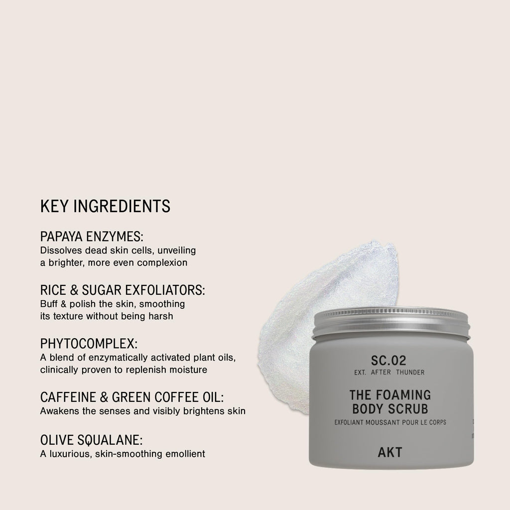 AKT The Foaming Body Scrub 8.4 Fl Oz, Skin Exfoliator, Body Scrub with Rice & Sugar, Papaya & Nourishing Oils, Natural Exfoliating Sugar Scrub with Vitamin E, Dead Skin Remover for Body