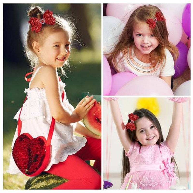 IKOLA Hair Bows for Girls Glitter Hair Clips with Rhinestones Heart Non Slip Metal Alligator Clips Hair Barrettes Sparkly Hair Accessories for Valentines Christmas Back to School - Red