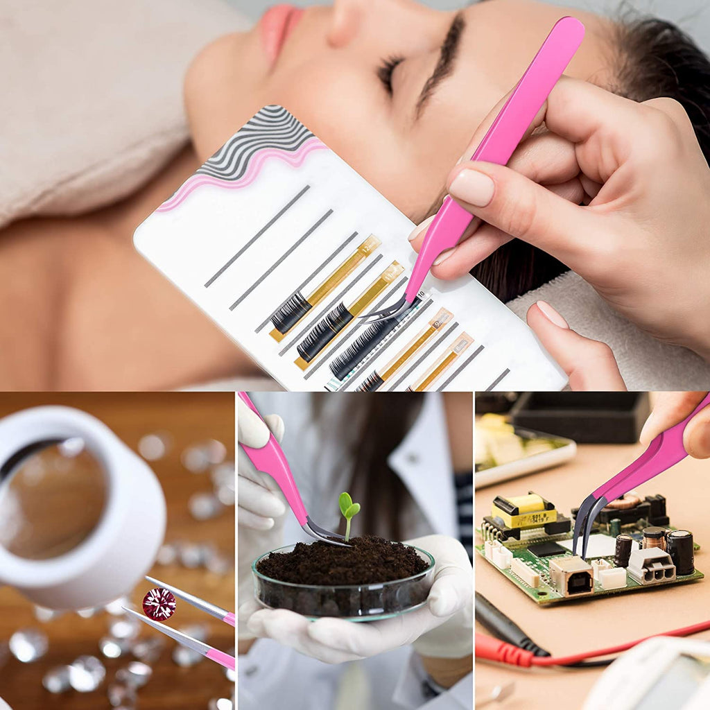 Lash Tweezers for Eyelash Extensions, Pink, Straight & Curved Tips