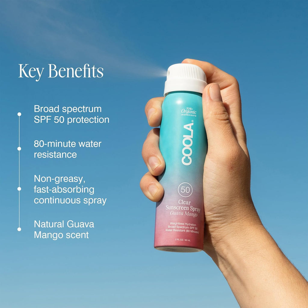 COOLA Organic Sunscreen SPF 50 Sunblock Spray, Dermatologist Tested Skin Care for Daily Protection, Vegan and Gluten Free, Guava Mango, Travel Size, 2 Fl Oz
