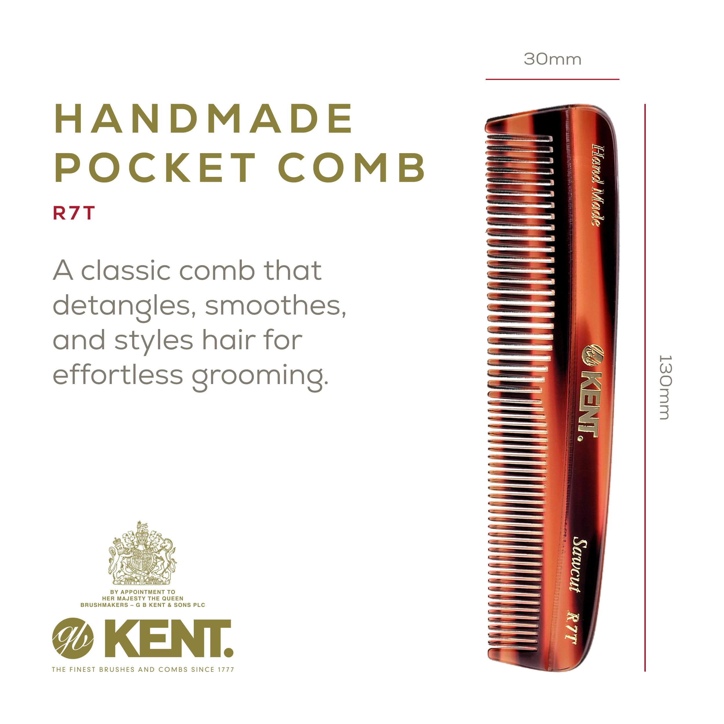 Kent R7T Fine and Wide Tooth Hair Comb, Pocket Comb for Men, Best Beard and Mustache Comb for Everyday Grooming and Styling, Handmade Sawcut and Polished, Made in England