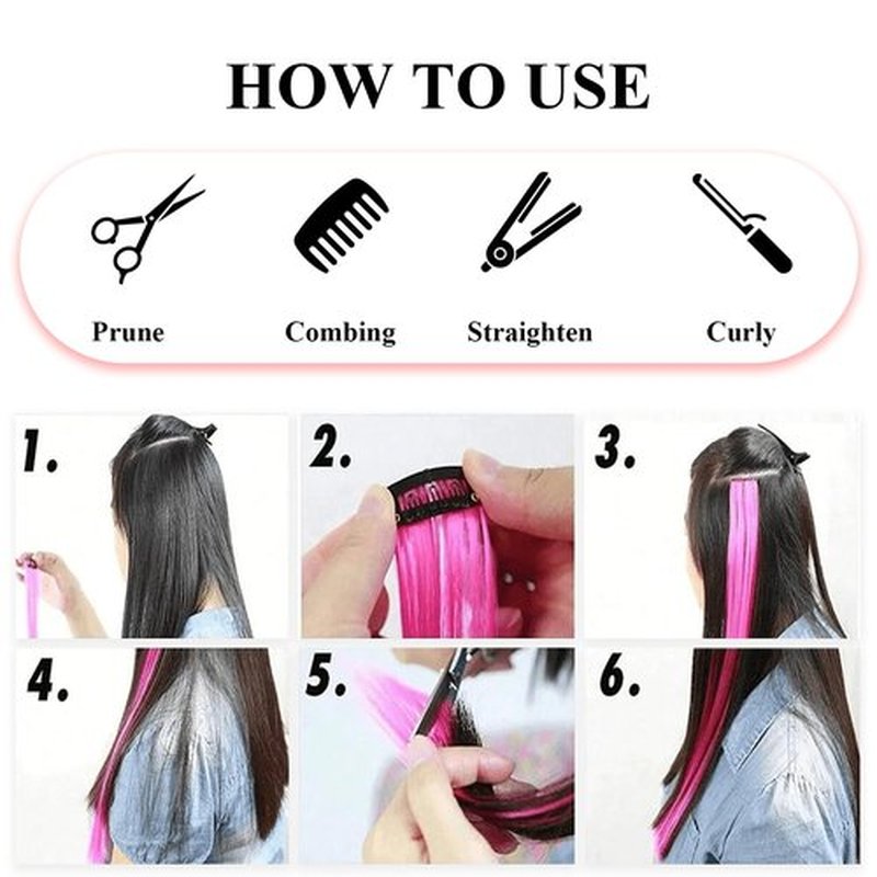 6 Pcs Pink Striped Hair Extensions Clip in Hairpiece 20 inch Synthetic Feather Scene Hair Extensions Long Straight Colorful Striped Hairpieces for Girl Women Cosplay Christmas Party Halloween Use