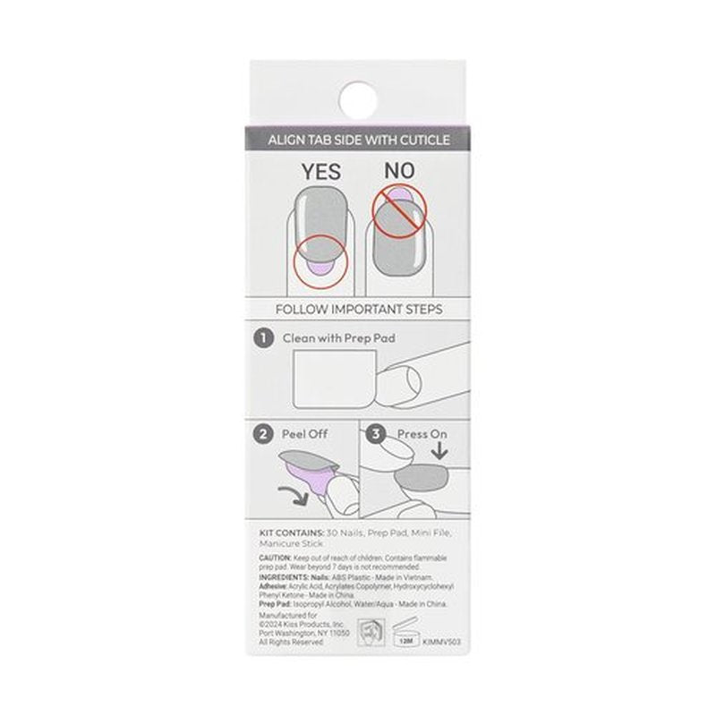 KISS imPRESS No Glue Mani Press On Nails, Design, 'On My Mind', White, Medium Size, Almond Shape, Includes 30 Nails, Prep Pad, Instructions Sheet, 1 Manicure Stick, 1 Mini File