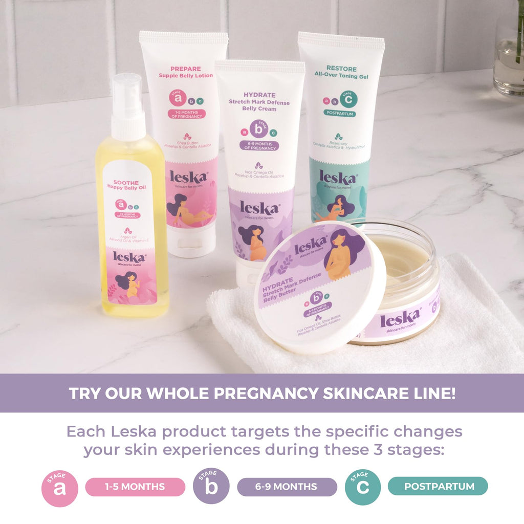 Leska Maternity Stages B & C Set | HYDRATE Belly Cream & RESTORE All-Over Toning Gel | Pregnant Moms Months 6-9 and Postpartum | Part of Complete 3-Part Maternity Skincare System (Set of 2, 4oz each)