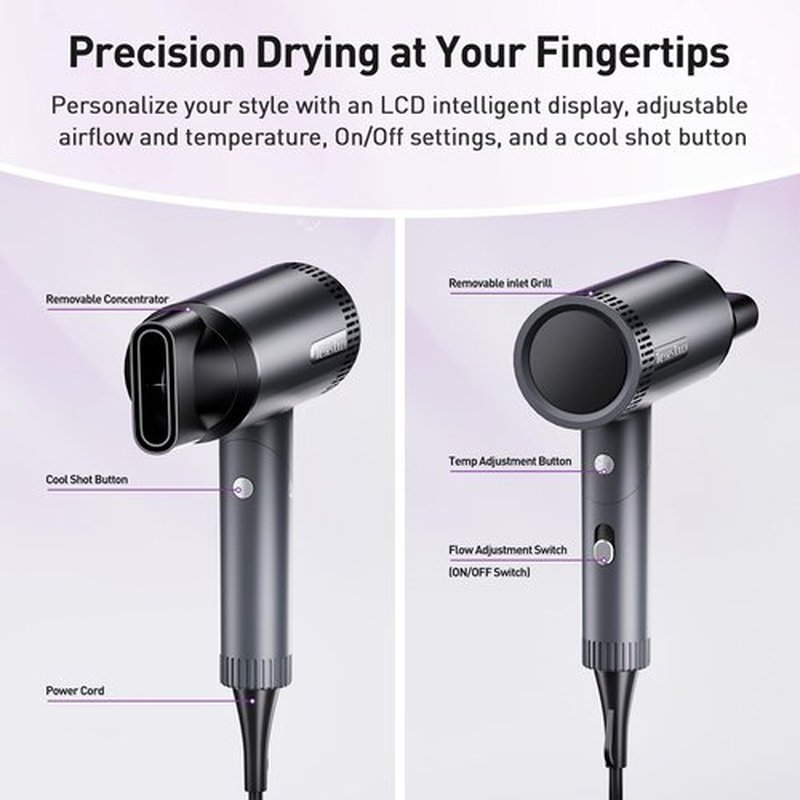 Hair Dryer, High-Speed Ionic Blow Dryer, Powerful 1600 Watt Motor for Fast Drying and Straight & Wavy Hair, Foldable, Lightweight Hairdryer with Magnetic Suction Nozzle for Home Salon Travel
