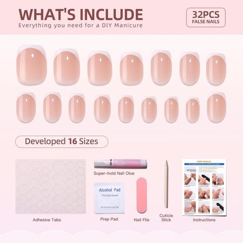 RTKHFZE French Tip Press On Nails - Square Press On Nails Short, Jelly Square False Nails,Natural Fake Nail with Nail Glue, Reusable Glue On Nails in 16 Sizes - 32 Fake Nails Kit for Gift Idea