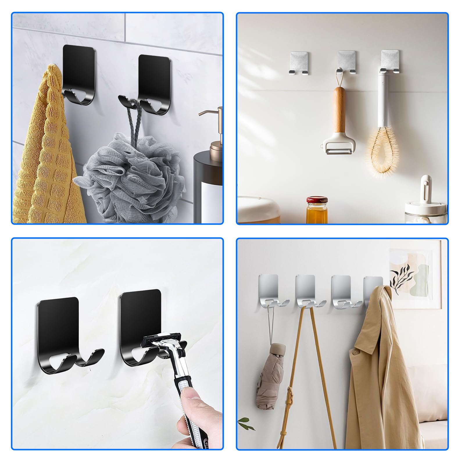 4Pcs Razor Holder, Shaver Hook Hanger, Multipurpose Self Adhesive Double Hooks, Silver Black Stainless Steel Shower Hooks, For Bathroom and Kitchen Storage, Includes Loofah, Towel, Plug, Clothes
