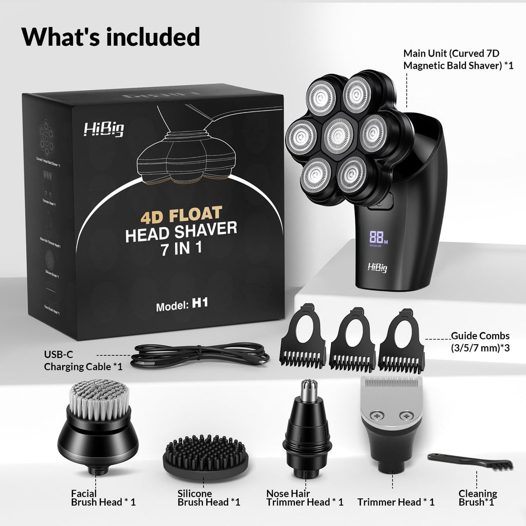 HiBig Head Shavers for Bald Men - 7D Arc Magnetic Detachable Electric Razor, Waterproof Wet Dry 5-in-1 Electric Shaving & Grooming Kit, LED Display Rechargeable Head & Body Hair Shaver, Dark Black