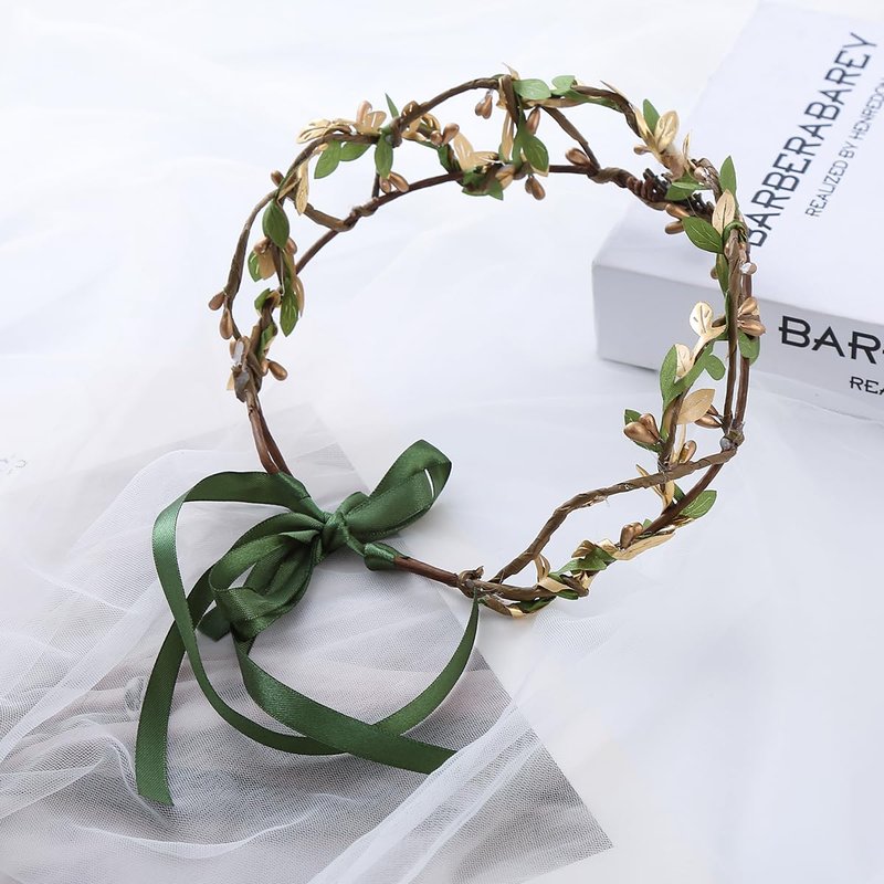 Vivivalue Golden Fairy Crown Flower Headband Floral Hair Wreath Even Headpiece Woodland Forest Circlet for Women Halloween Renaissance Wedding Bridal Cosplay Prom Photo Props
