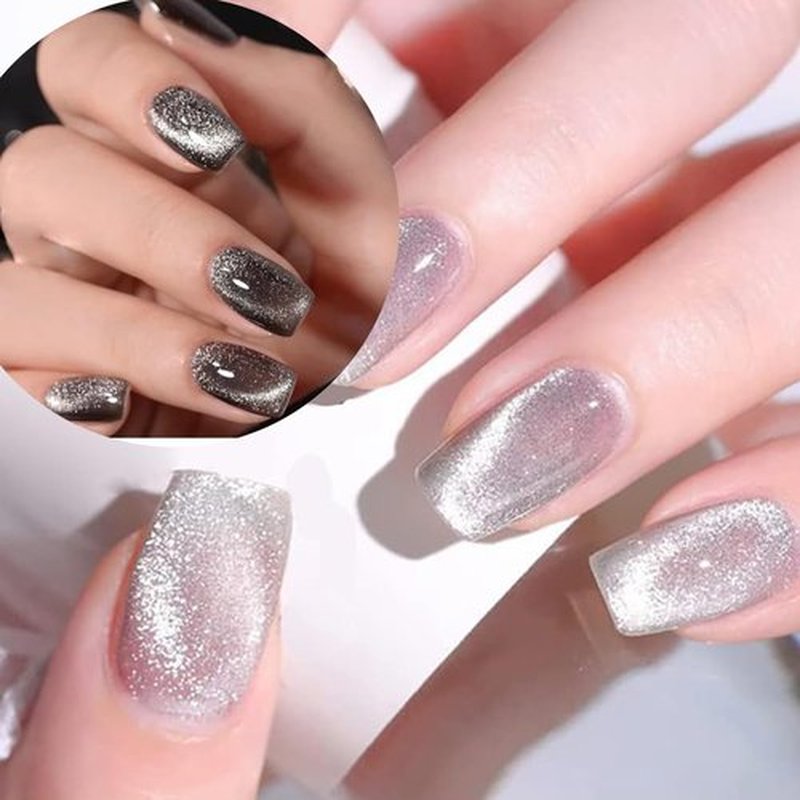 AHAMIOU Crystal Cat Eye Gel Polish Kits Magnetic Nail Polish Set Holographic Cats Eyes Gel Nail Polish Shiny Diamond Glitter Gel with Magnet Stick (2PCS-silver&black)